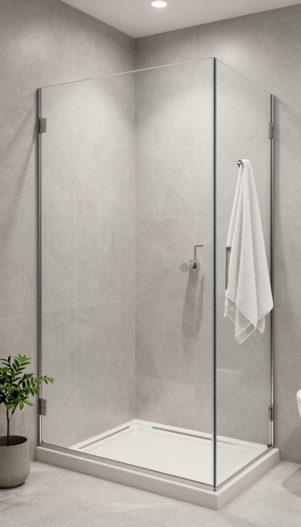 A modern curbless walk-in tile shower in a bright bathroom, featuring seamless gray porcelain tiles that flow from the shower to the floor for a clean, spacious look with natural lighting.