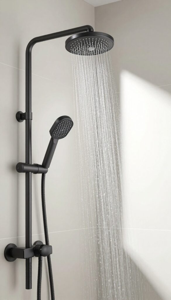A neo angle shower with a rainfall showerhead in a bright, clean bathroom, showcasing luxury vibes and modern decor.
