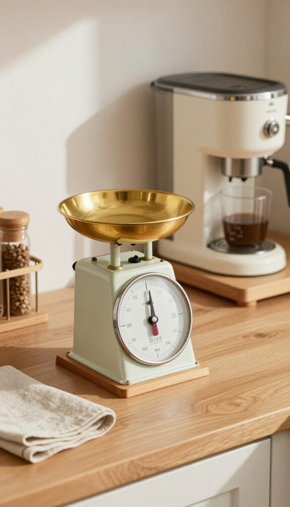 Vintage kitchen scale and egg timer on a wooden trivet in a cozy kitchen corner.