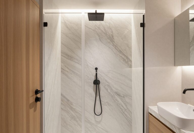 Luxurious modern shower with onyx feature wall and backlighting