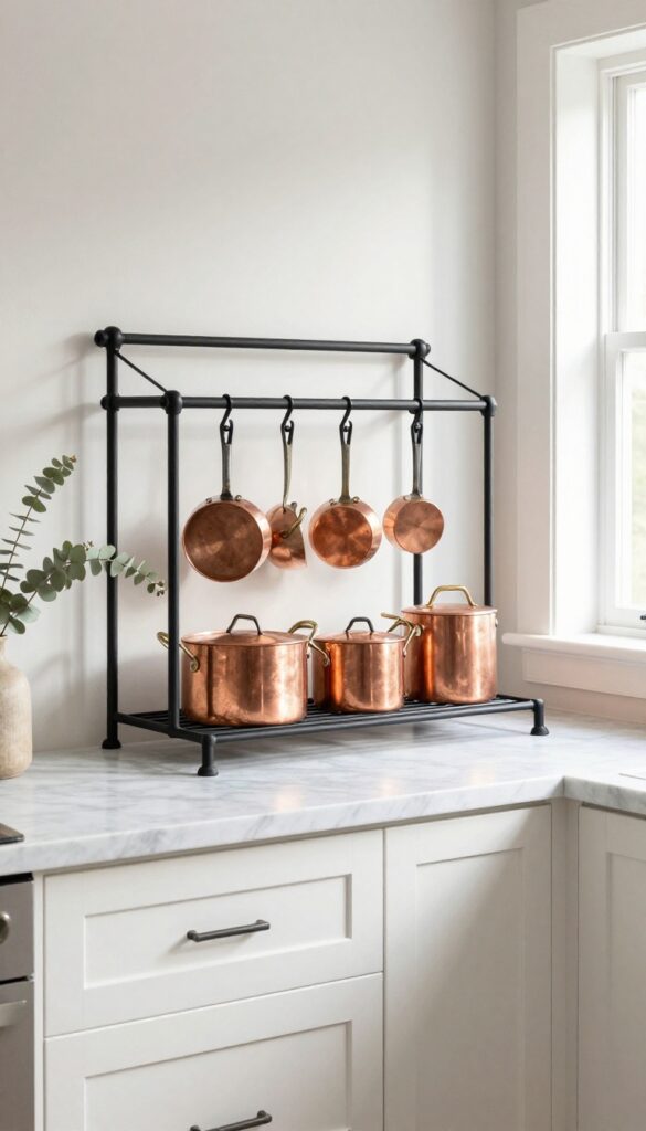 Decorative wall-mounted pot rack in a bright kitchen with copper pots and dried eucalyptus