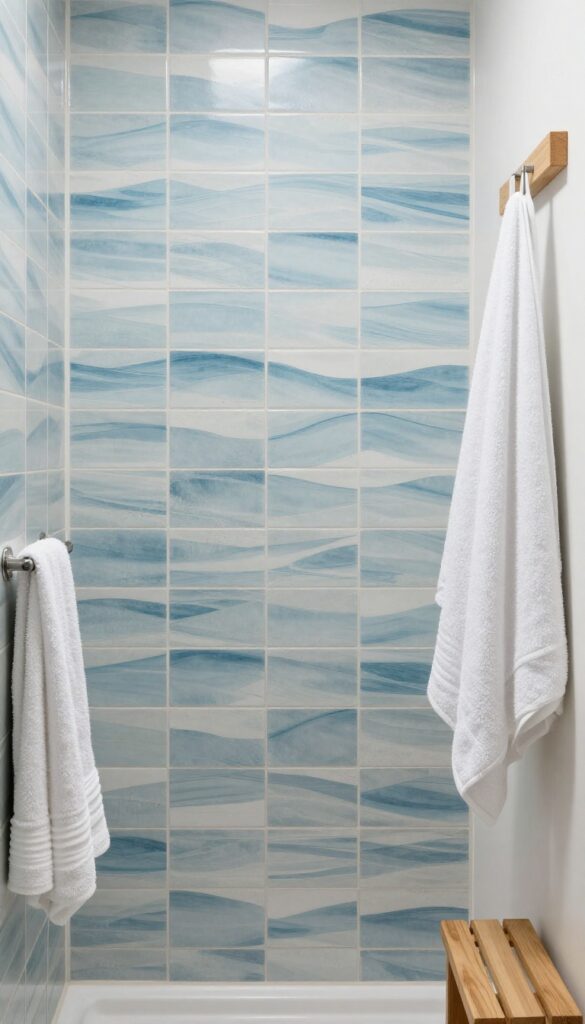 Coastal shower with peel-and-stick wave-pattern tiles in soft blue, arranged in a staggered layout on the walls. Bright natural lighting highlights the clean composition with white towels and wood accents.