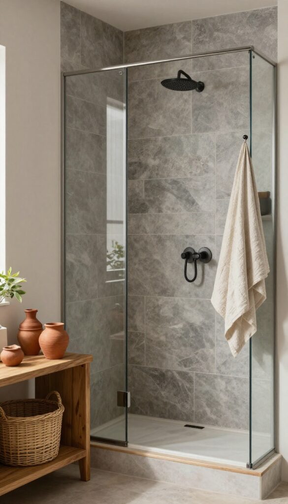 A rustic shower with large grey stone-look tiles, wooden shelving with baskets, terracotta pots, and linen towels in bright natural light.
