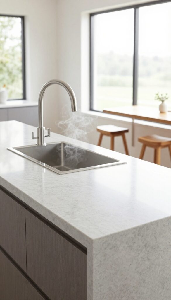 Modern kitchen island with integrated downdraft hood rising from quartz countertop