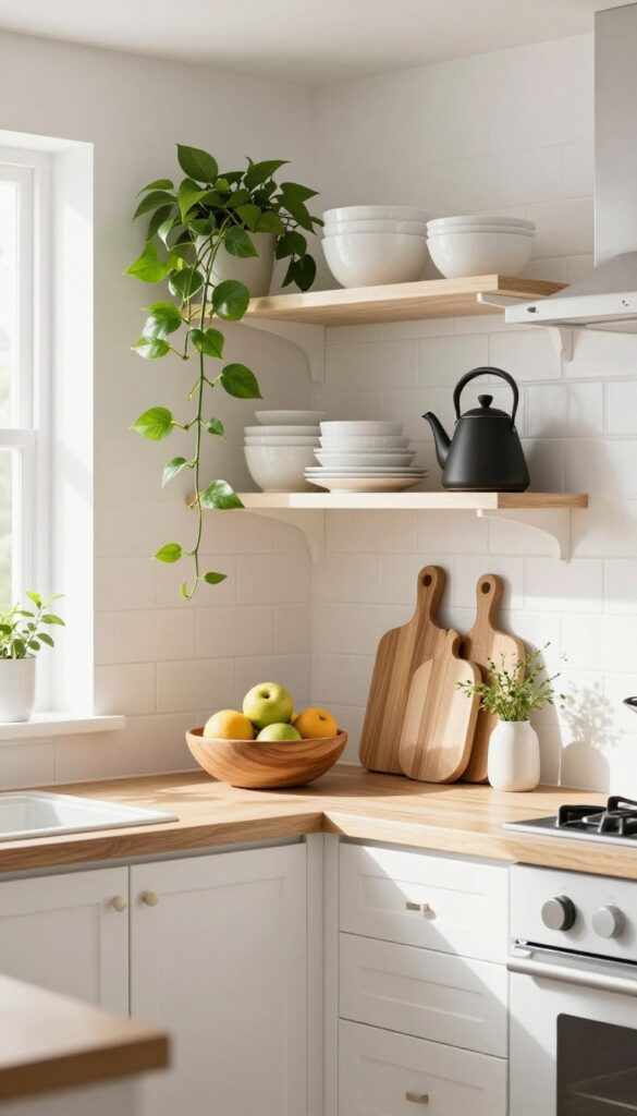 Small kitchen with open shelving displaying white dishes, wood accents, and a trailing plant.
