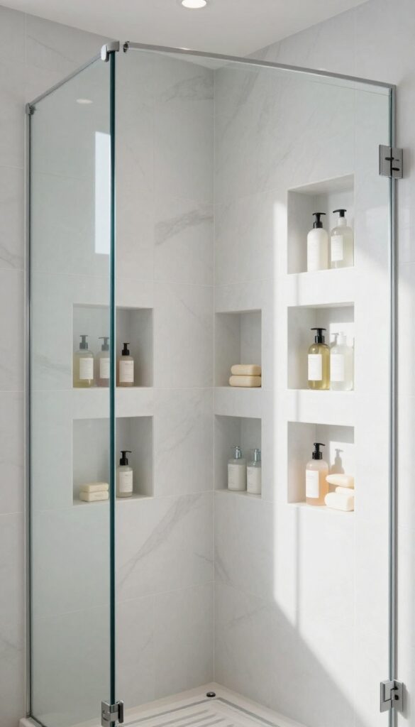 A modern shower with built-in niches for smart storage in a bathroom, featuring clean tiled walls and organized toiletries under natural light.