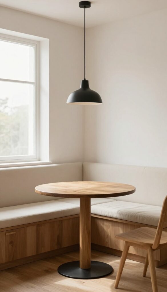 Cozy kitchen corner breakfast nook with round table, cushioned bench, and pendant light