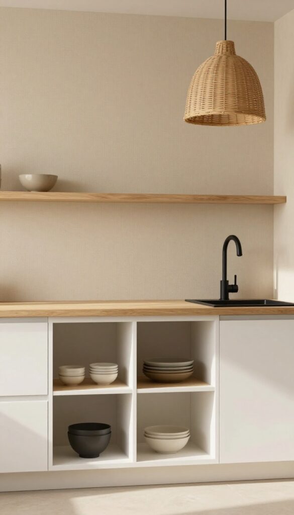 Kitchen with textured wallpaper mimicking natural woven fibers, simple cabinetry, and rattan pendant light.