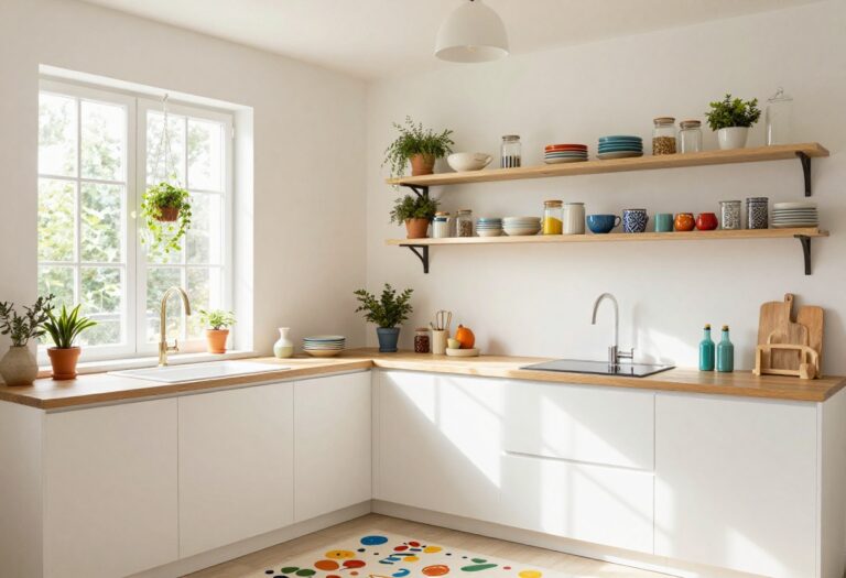 Whimsical kitchen with colorful open shelving, hanging herb garden, and playful rug