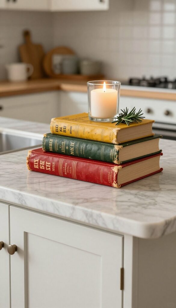 A stack of vintage-inspired cookbooks topped with a candle on a modern kitchen island.