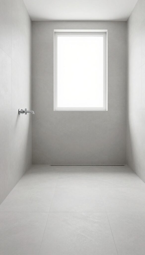 A seamless wet room design with large gray tiles covering the entire bathroom, featuring a linear drain and minimalist fixtures for a spacious, low-maintenance look.