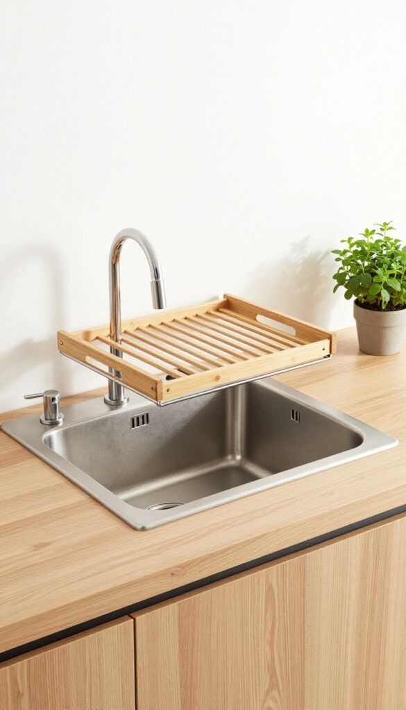 Over-the-sink bamboo drying rack in a bright kitchen with wood cabinets and natural light
