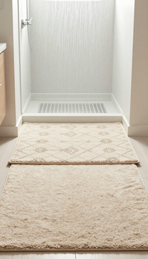 Layered rugs in a bathroom with a rainfall shower for comfort and style