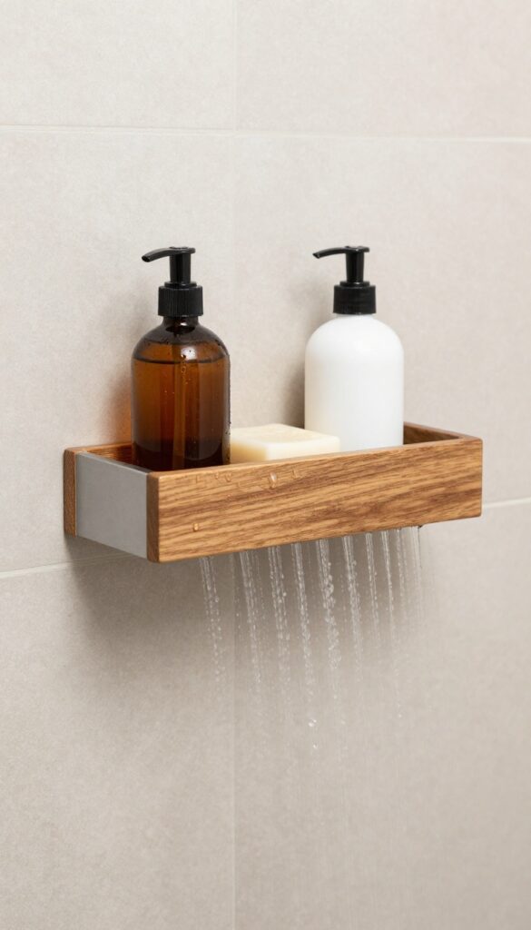 A bathroom shower niche featuring a slatted drainage shelf for quick drying of bar soap and bottles in bright natural light.