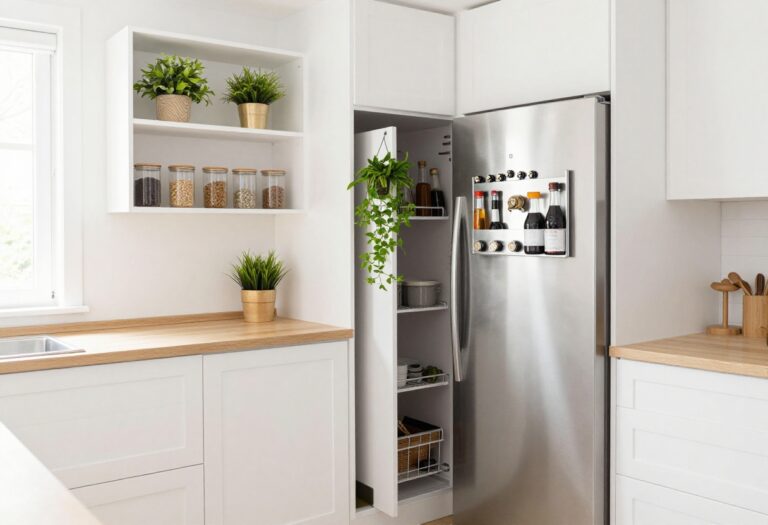 Small organized kitchen with white cabinets, open shelves, magnetic spice rack, and pull-out pantry