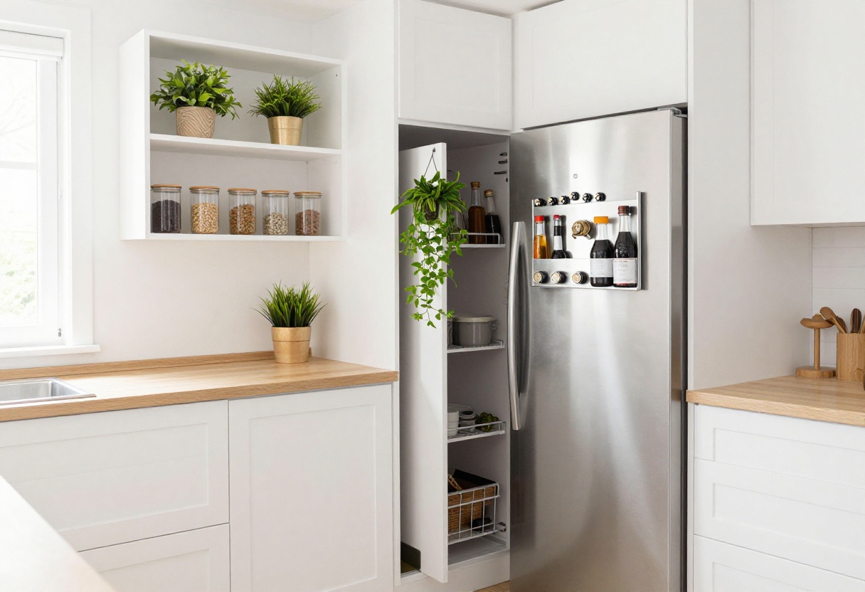 Small organized kitchen with white cabinets, open shelves, magnetic spice rack, and pull-out pantry