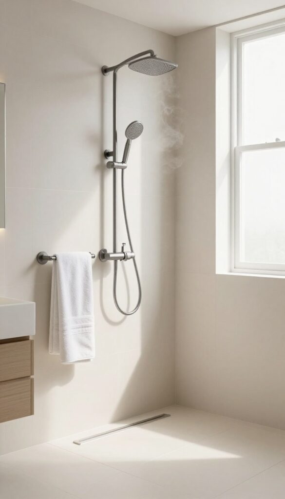 A cozy modern bathroom with heated floors and a towel warmer for enhanced comfort after a steam shower.