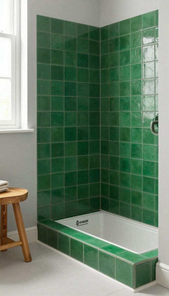 A photorealistic bathroom showing a shower curb with bold emerald green tile blocks against light walls and white fixtures, featuring natural wood accents and warm lighting for a stylish and airy look.