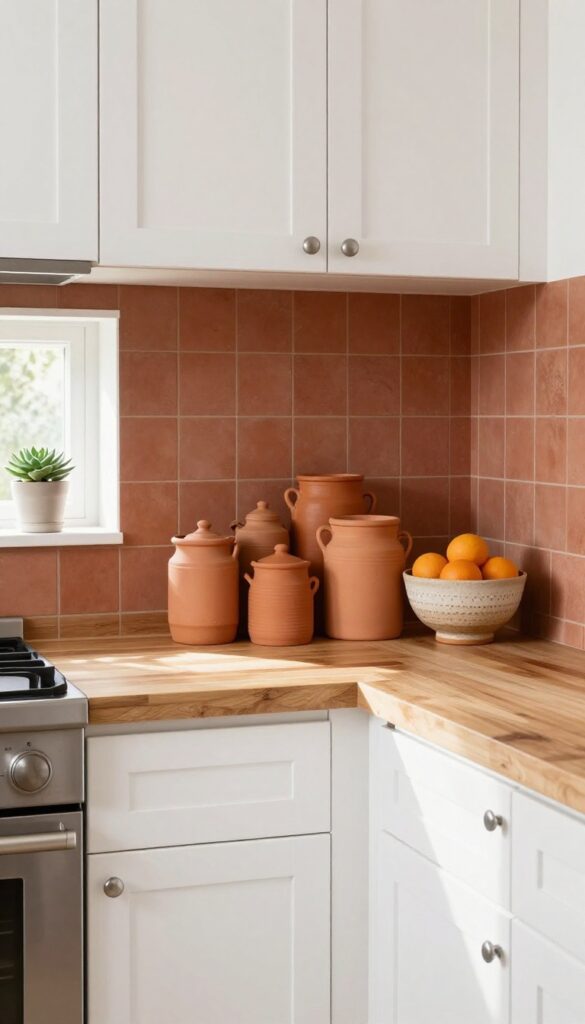 Bright kitchen with white cabinets, light wood counters, matte terracotta tile backsplash, and clay canisters on counter.