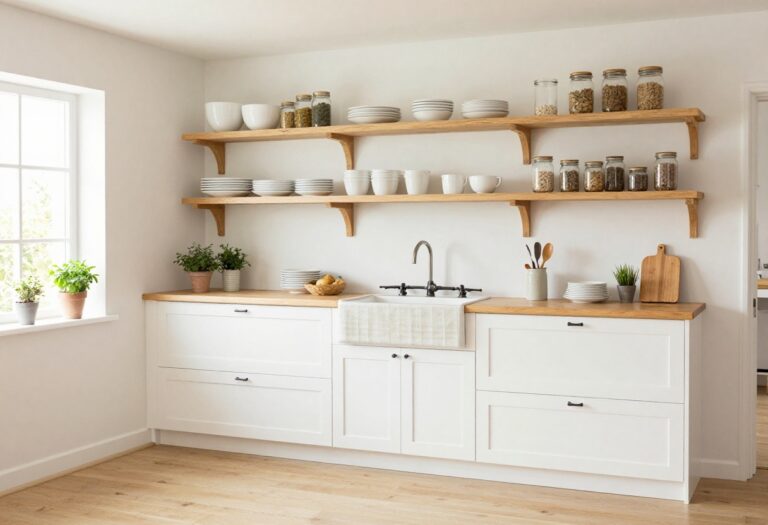Cozy farmhouse kitchen with open shelving, apron sink, and herb pots on windowsill