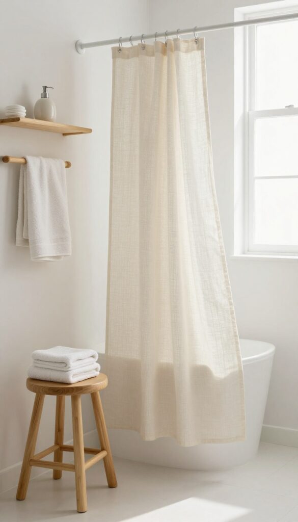 Minimalist linen shower curtain in a neutral cream color, softly draped with natural light filtering through, surrounded by warm wood accents and plush towels in a serene bathroom setting.
