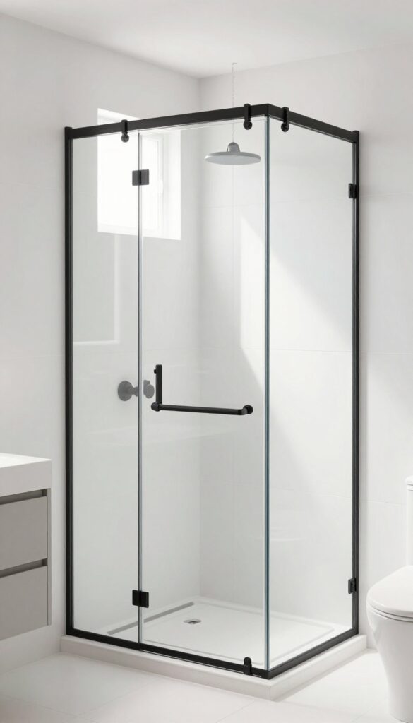 Sliding glass shower door in a tight bathroom layout with matte black hardware and bright natural lighting.