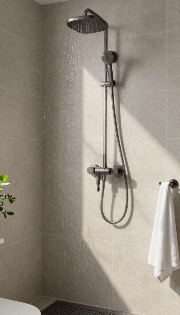 A photorealistic bathroom scene showcasing textured tiles in a rainfall shower area with natural light highlighting the tactile surface and clean fixtures.