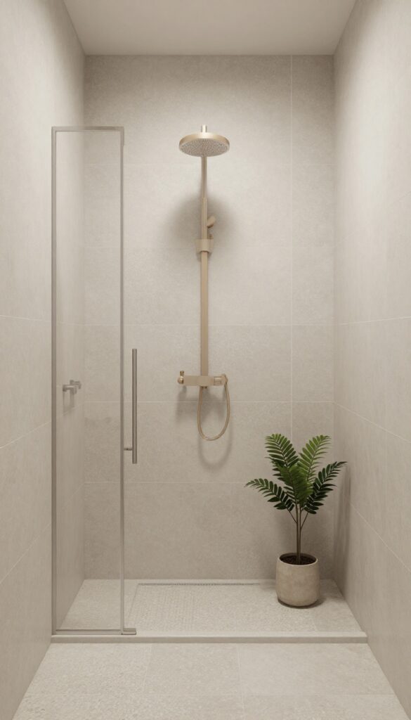Neutral pebble tile shower floor in a master bathroom with natural light, large-format wall tiles, wood accents, and greenery for a spa-like aesthetic.