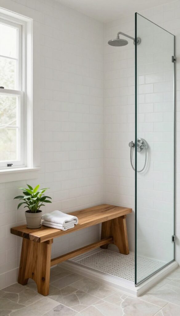 A farmhouse-style walk-in shower with a simple wooden bench for added warmth and function.