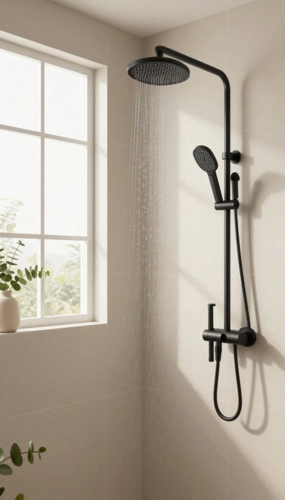 A luxurious rainfall showerhead in a polished bathroom with neutral tiles and natural elements, creating a spa-like atmosphere.