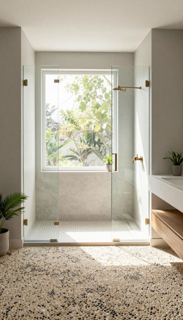 A bright bathroom with pebble floors and clear glass shower doors for an open layout