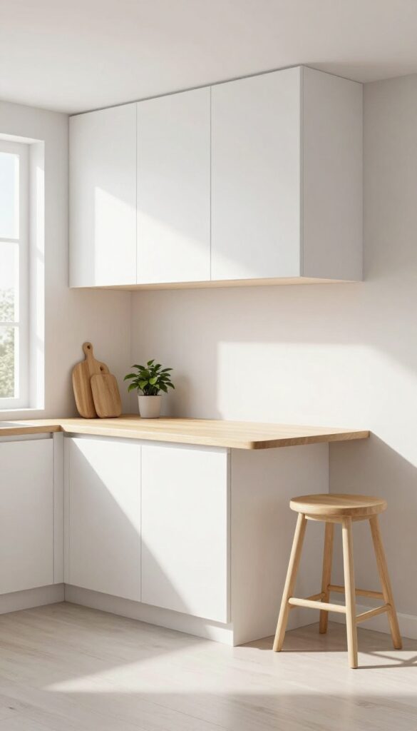 Fold-down table mounted on wall in bright modern kitchen with bar stools tucked underneath, providing extra counter space