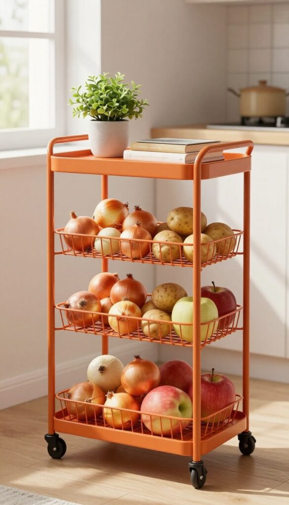 Burnt orange bar cart with tiered baskets holding produce in a bright kitchen