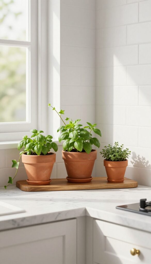 Open corner shelf with trailing greenery in a bright kitchen