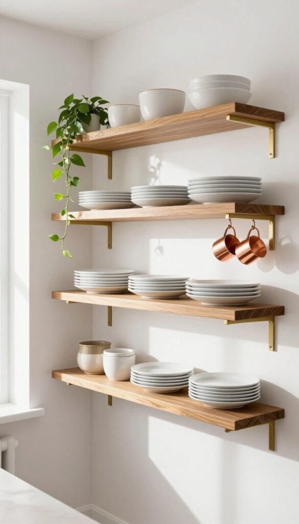 Open wood shelves with brass accents in a bright kitchen