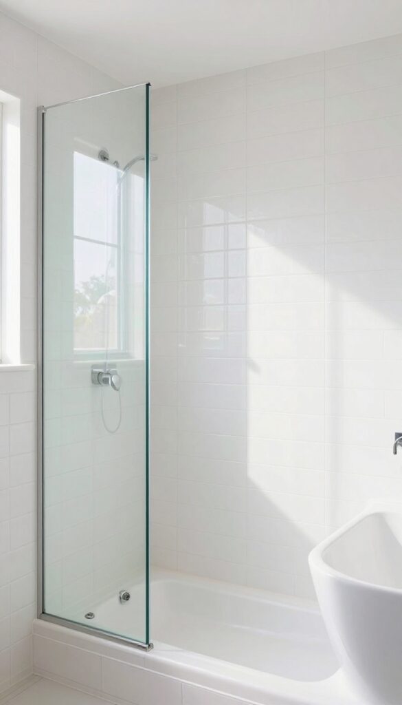 A bathroom featuring glass tile accents in a tiled shower with tub, highlighting light reflection for a bright and spacious look.