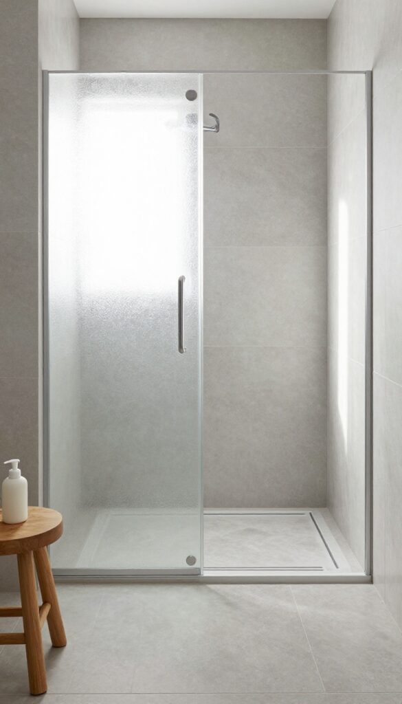 Large-format porcelain slab shower floor with minimal grout lines and matching wall tiles