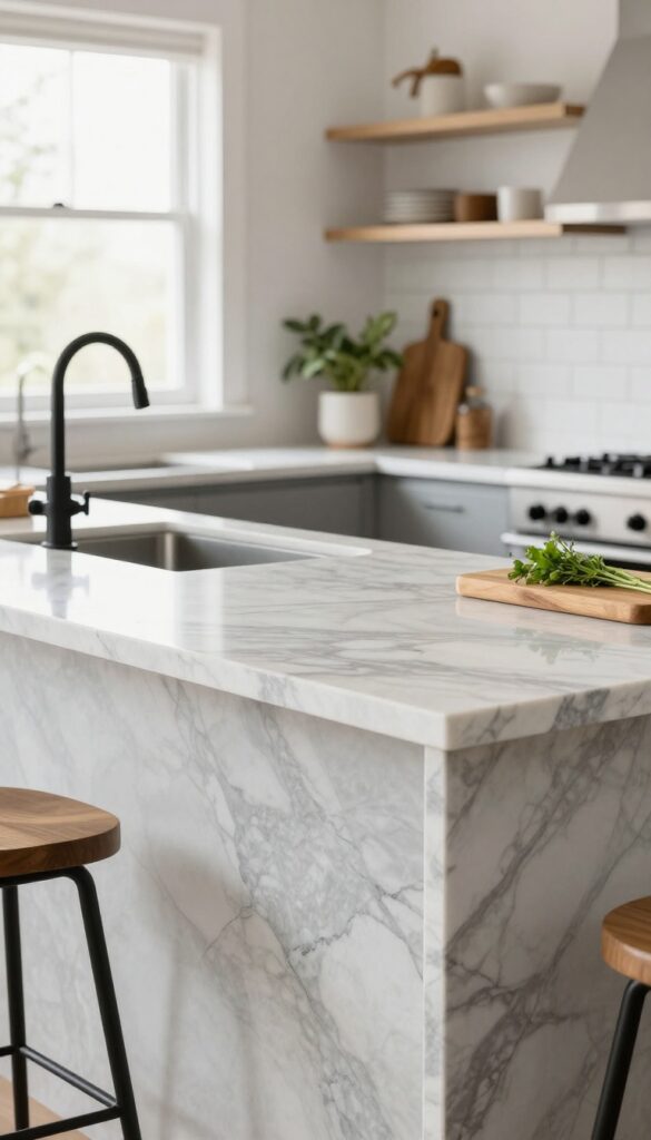Marble-look porcelain kitchen countertop with realistic veining, styled with wood cutting board and herbs.