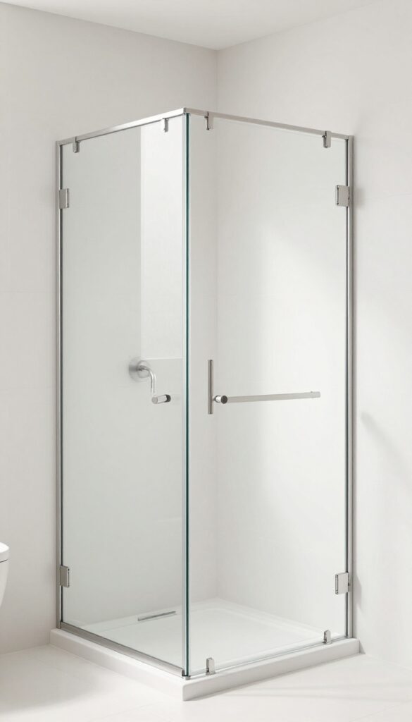 A small bathroom with a pivot-hinged frameless glass shower door in natural light, showcasing easy access and modern elegance for tight spaces.