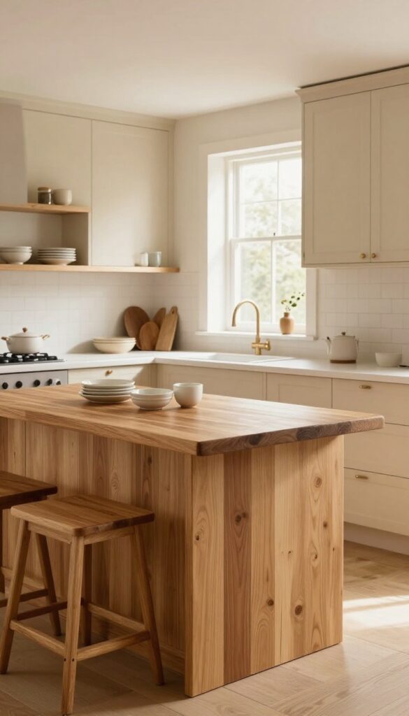 Beige kitchen with warm wood open shelving, butcher block island countertop, and wooden kitchen cart in natural light