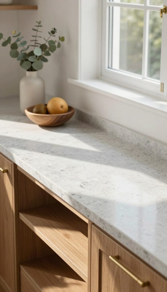 Light gray quartzite kitchen countertop with subtle sparkle, bright natural light, warm wood cabinets