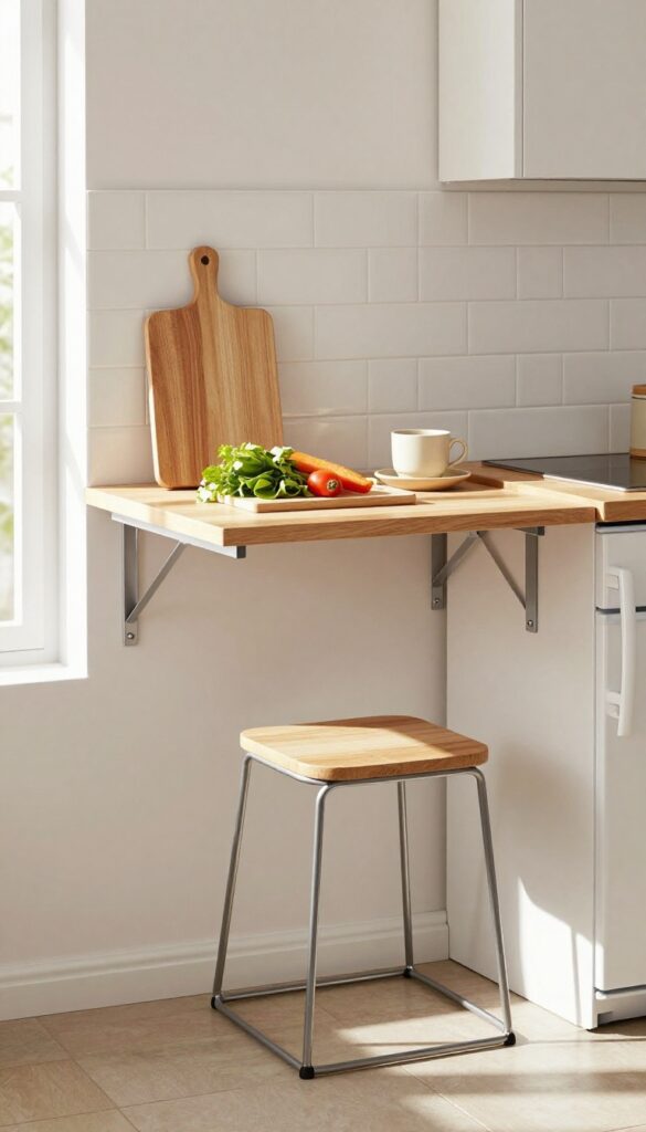 Fold-down table attached to wall in small kitchen with stool tucked underneath