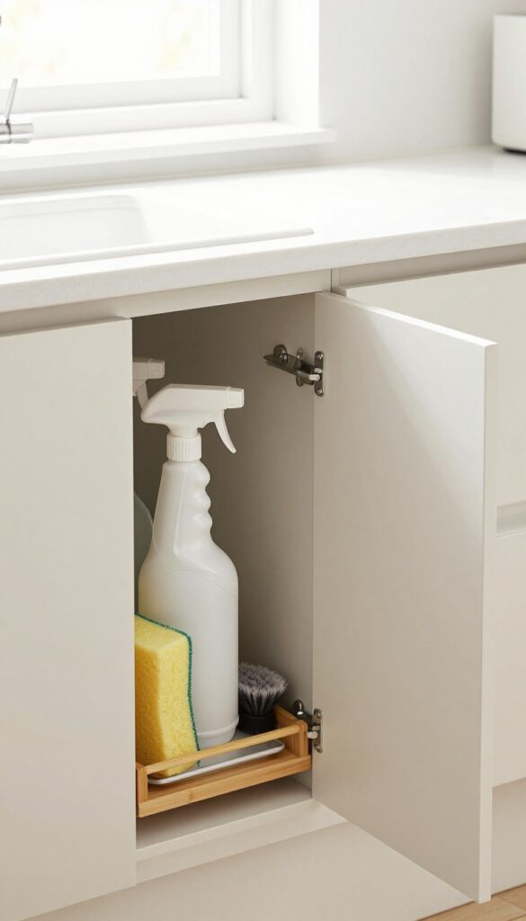 Slim pull-out cabinet for cleaning supplies next to kitchen sink