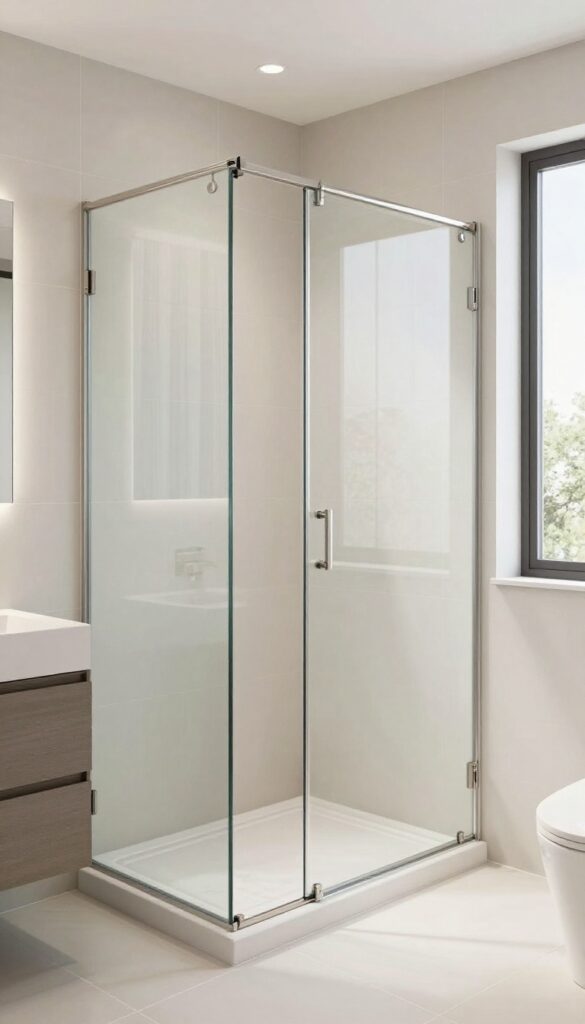 Sliding glass shower doors in a small bathroom with natural light and neutral tiles, demonstrating space-saving design and modern aesthetics.