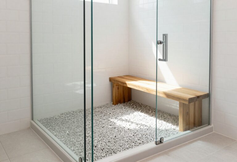 Stylish bathroom with pebble floor shower, white subway tiles, wooden bench, and natural light in a clean, modern setting.