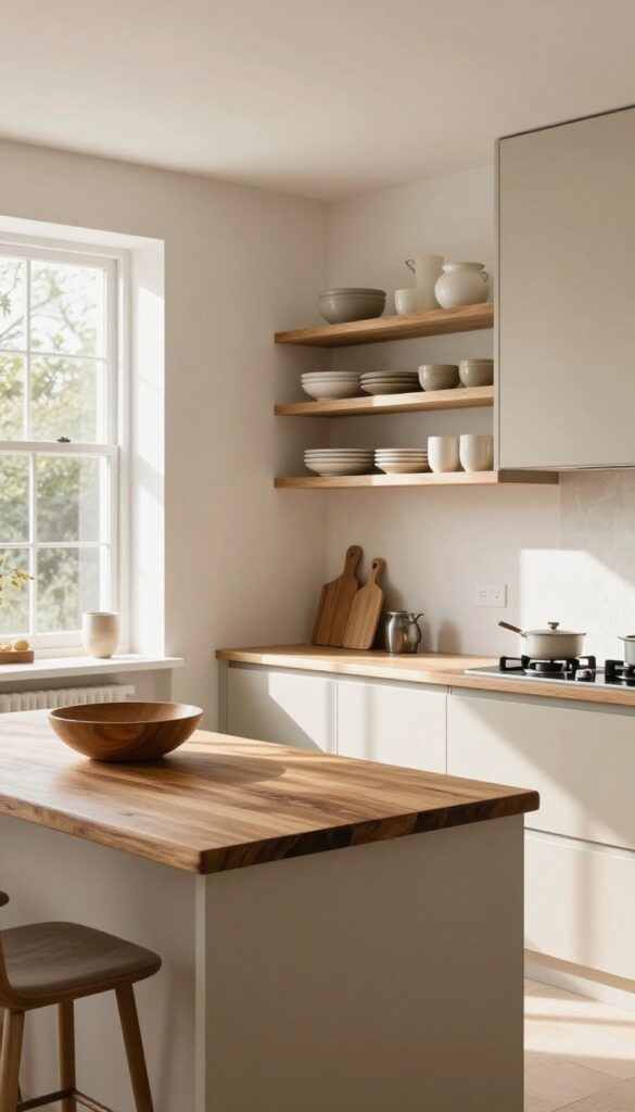 Beige kitchen with warm oak open shelving and butcher block countertop