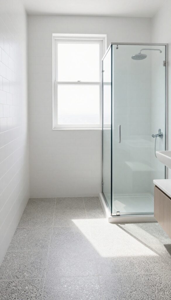 A clean modern bathroom with a pebble floor shower and white subway tiles, showcasing natural textures and bright lighting for a balanced look