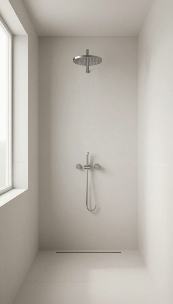 Minimalist steam shower design with clean lines and neutral colors in a bright bathroom