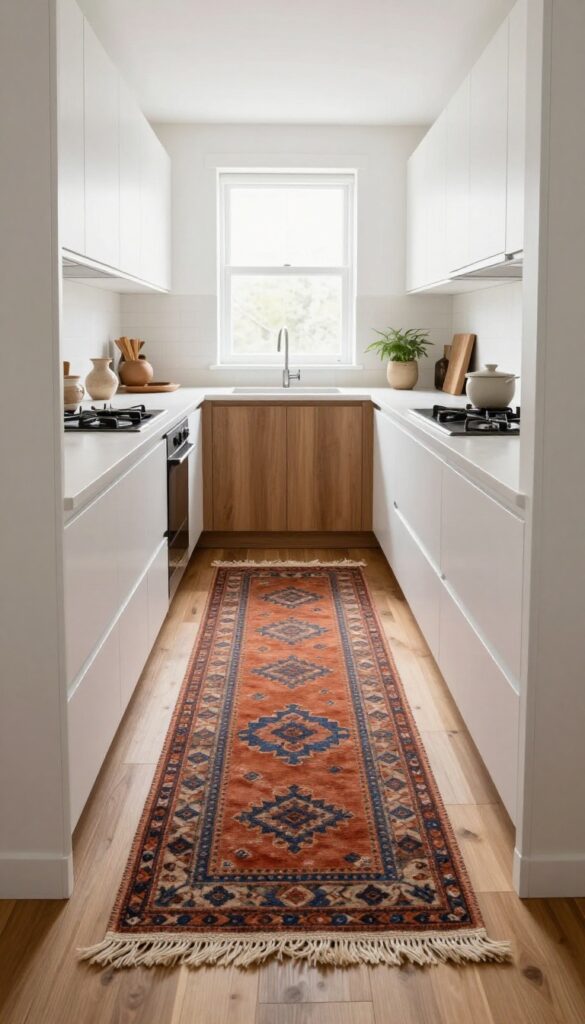 Narrow galley kitchen with vintage runner rug on floor