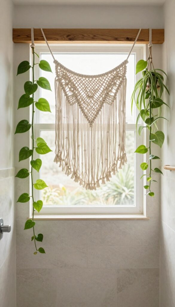 Hanging plants in macramé hangers in an off-grid shower bathroom with natural light and rustic decor